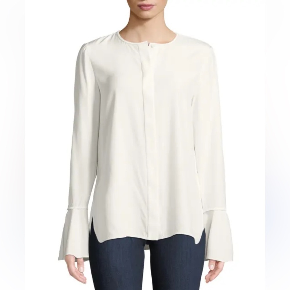 Lafayette 148 Izzie Embellished Silk Blouse with Bell Sleeves - XS